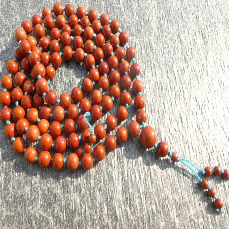 

Natural Red Agate Mala Beads Necklace 108 Beads with Blue Cord Healing Crystal Jewelry