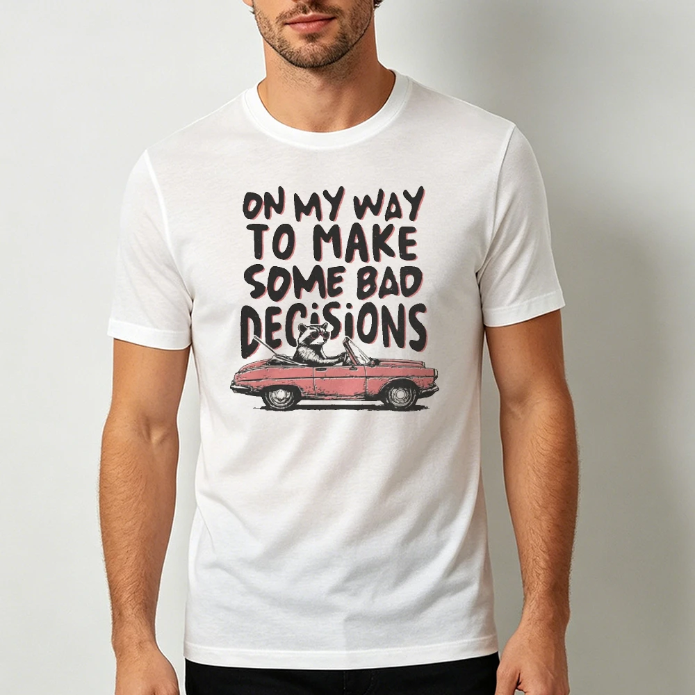 On My Way To Make Some Bad Decisions Raccoon Convertible Car Men Summer T Shirt Retro Grunge Humor Animal Graphic Short Sleeve