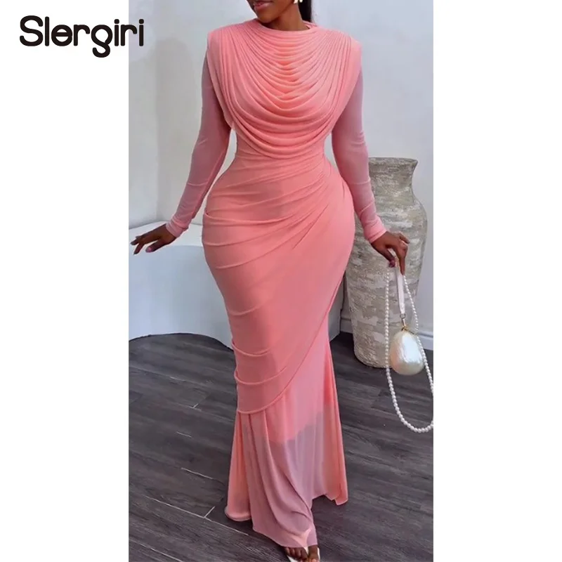 Vestido Elegante Slergiri con Cuello Redondo y Manga Larga, Estilo Sirena, para Mujer, Moda Primavera-Verano 2026, Vestido de Fiesta para la Noche, Ajustado a la Cadera