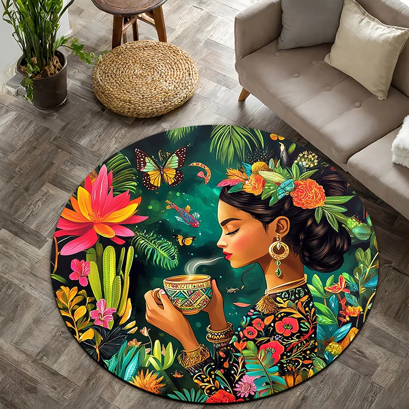 Bright tropical folk art Flannel-printed round floor mats are slip-resistant Suitable living room bedroom terrace garden carpets