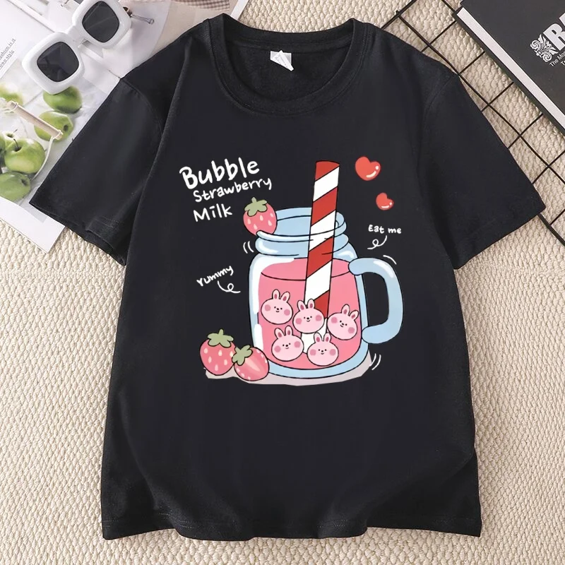 Delicious Strawberry Drink  T Shirt Printed Women's T-shirt Summer Breathable Casual Tshirt Cotton Short Sleeve Round Neck Y2K