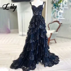 Lily Navy Blue A Line Formal Dresses Tiered Sweetheart Party Dress Pleats Spaghetti Strap Special Occasion Dress robe soirée