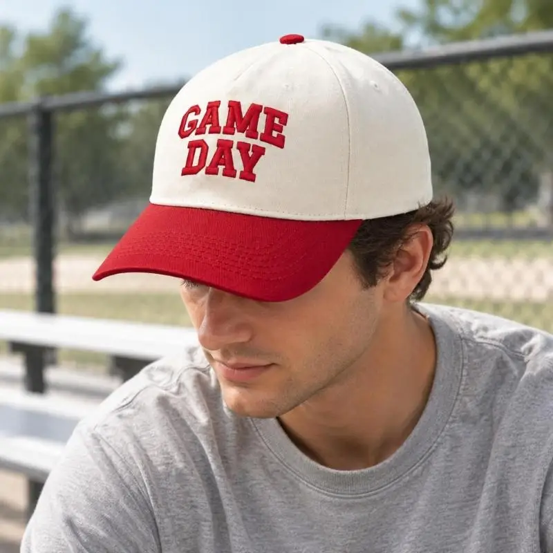 Color-Block Baseball Hat with Contrast Bill, Dimensional Front GAME DAY Lettering and Rear Adjustable Back Closure Y08E