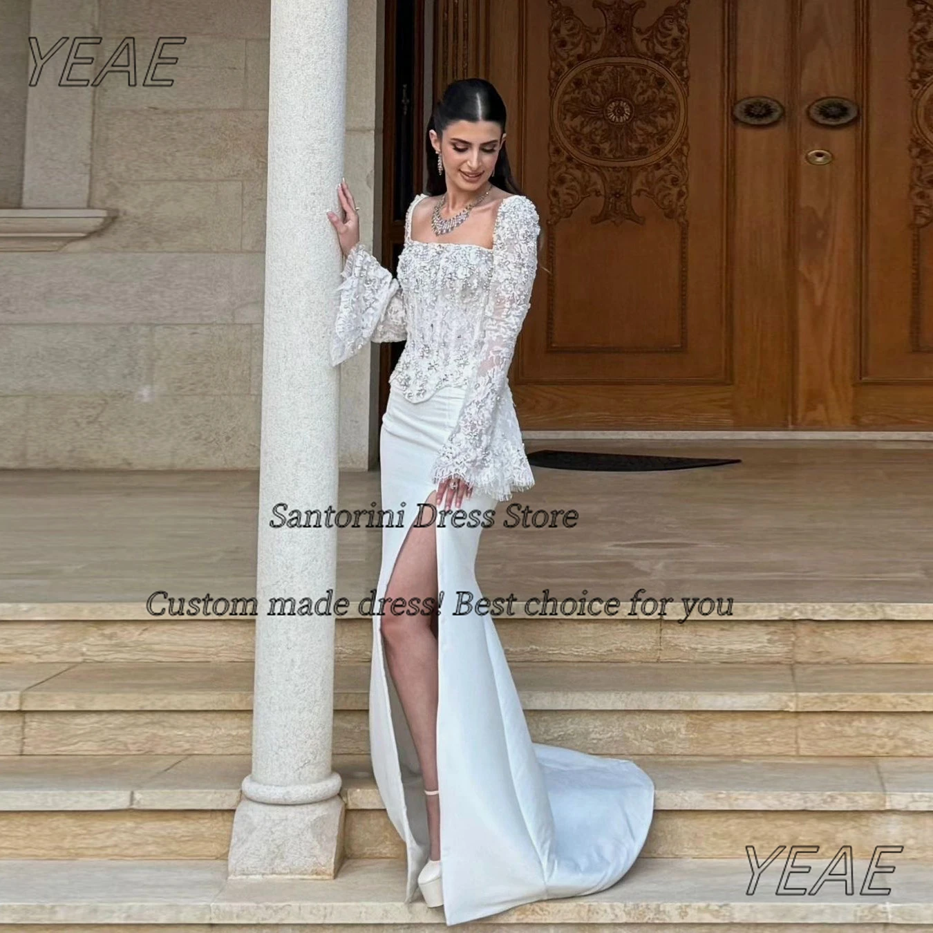 Santorini Bride Wear Side Slit Dresses for Wedding Party Long Sleeves Lace Prom Dress with Beaded Special Occasion Evening Gowns