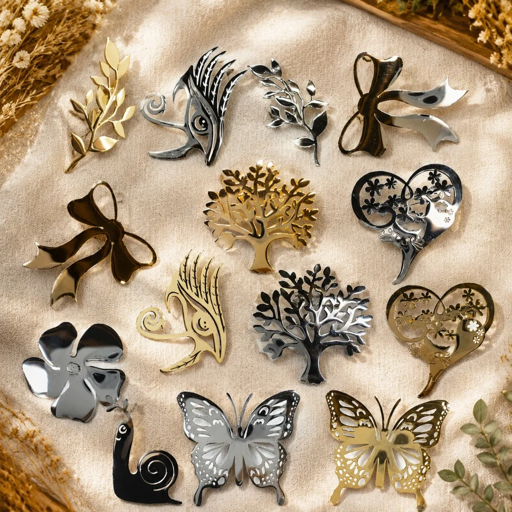 Mirror Polished Metal Brooches Hollow Cutout Plant Animal Pin Multi Pattern Minimalist Brooch Pack for Daily Suit Outfit Decor