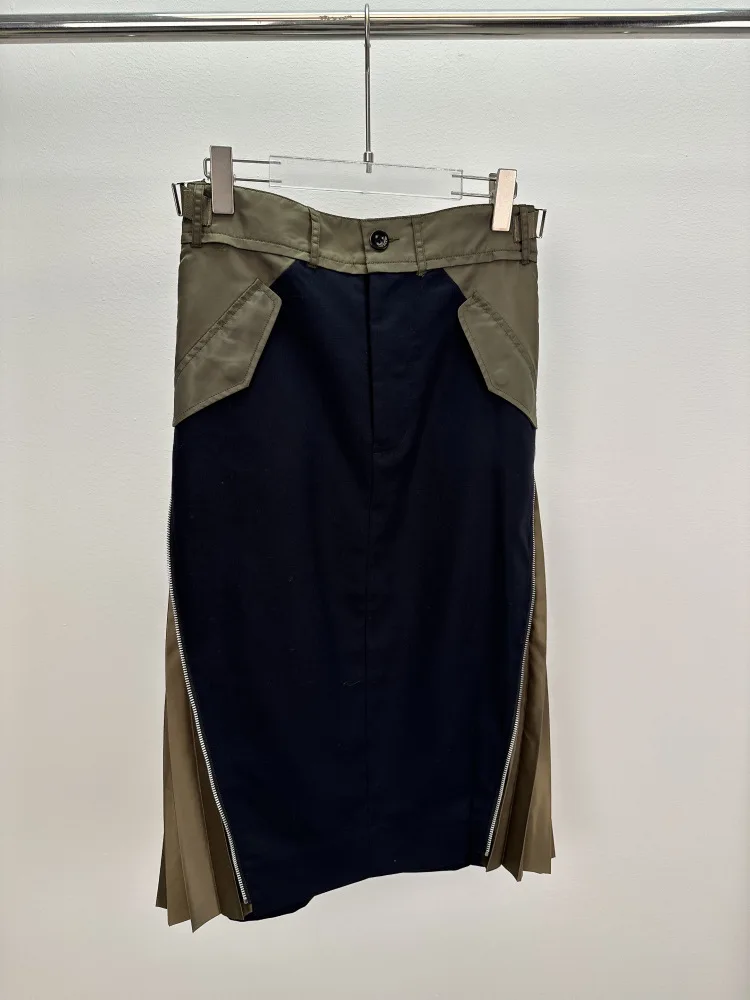 2026 Spring New Arrival Women's Japanese Deconstructed Patchwork Color Block Pleated Skirt Casual Cargo Style Midi Skirt