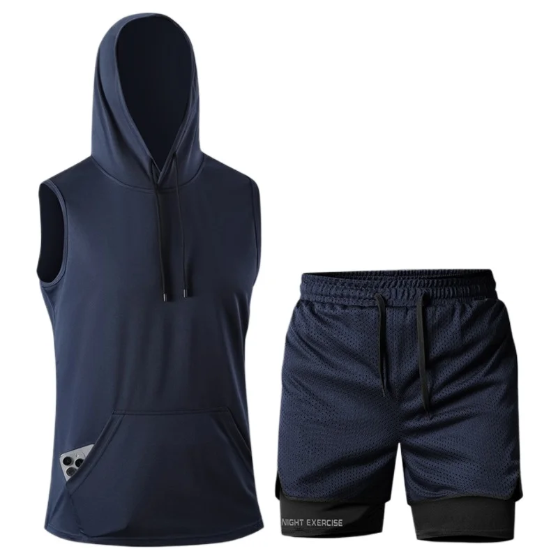 Summer 2-Piece Workout Set Hooded Sleeveless Tank & Shorts Gym Running Fitness Breathable Quick-Dry Sports Sets