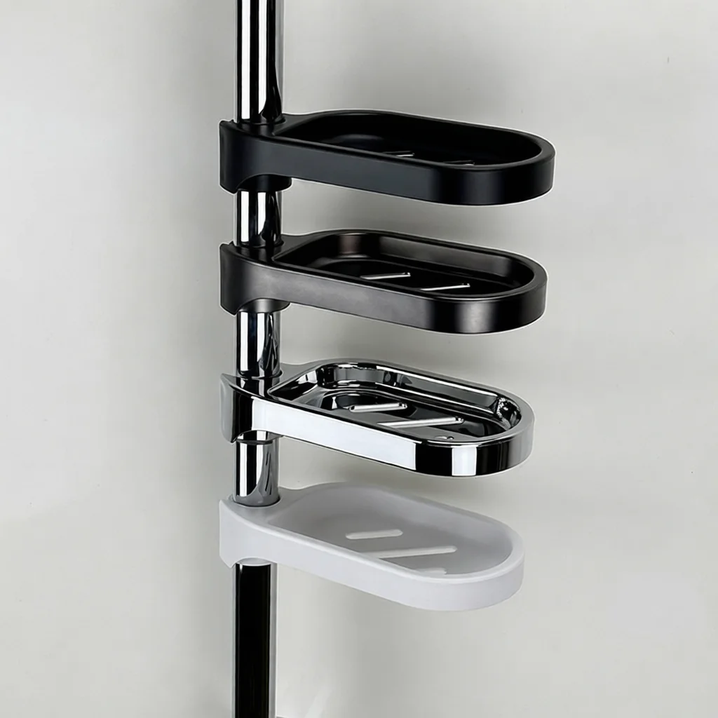 Shower Rod Soap Rack Bathroom Organizer Tray Shelf Drain Holder No Drill Storage Gadget Durable ABS Plastic Gray