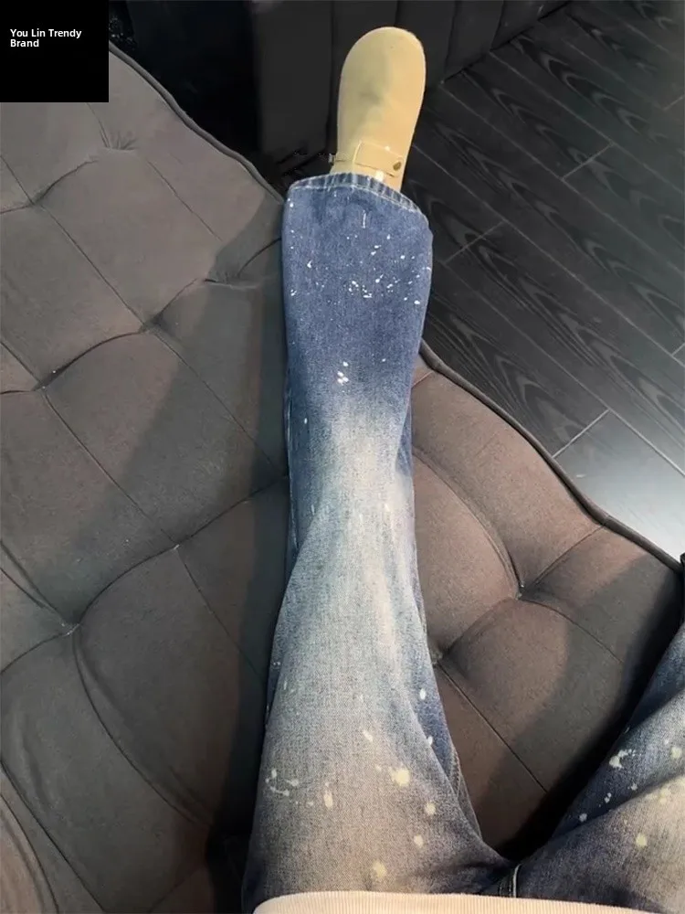 

Retro American Splatter Denim Jeans Men's Winter High-End Feeling Flared Straight Tube Pants Cool Trendy Street Style