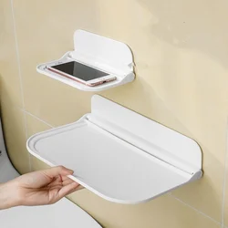 Foldable Plastic Floating Shelf Stick on Wall, Bathroom Folding Rack Toilet Wall Towel Storage Handy Tool