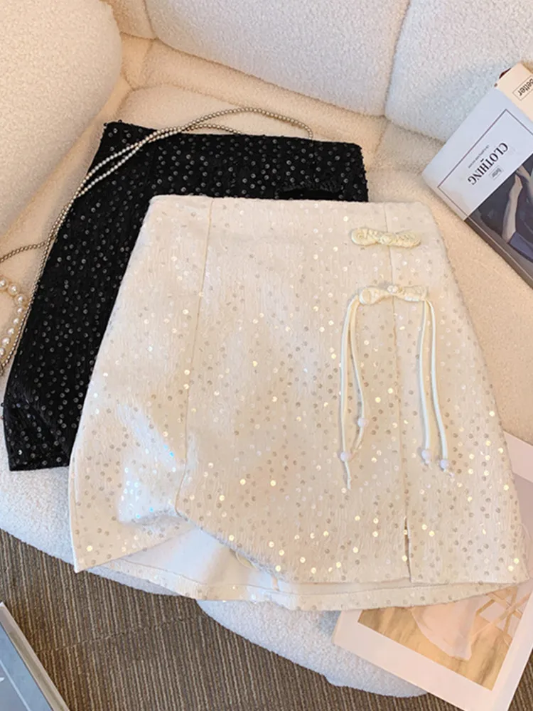 

SMTHMA 2024 New Chinese Style Elastic High Waist Sequin Skirt Women's Fashion A-Line Short Skirt