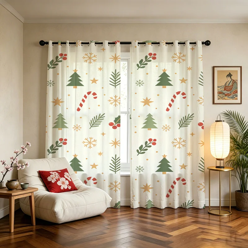 2Pcs Polyester Christmas Curtain Set,Multi-sizes,Durable,85% Light Blocking,Xmas Holiday Gift,Snowman Candy Cane Holly Print
