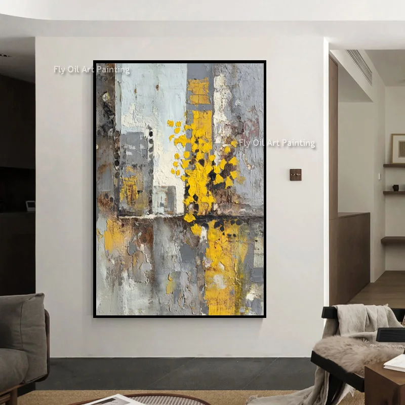 Abstract Handpainted Black Gray Simple Wall Art Decor For Hotel New Original Grey Yellow Oil Painting On Canvas Large Artwork