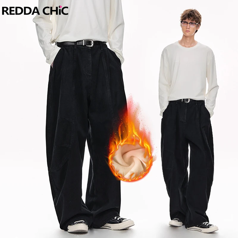

REDDACHiC Trendy Barrel Black Jeans Fleece Lined Thicken Cleanfit Wide Leg Plain Casual Thermal Pants Street Retro Men Clothing