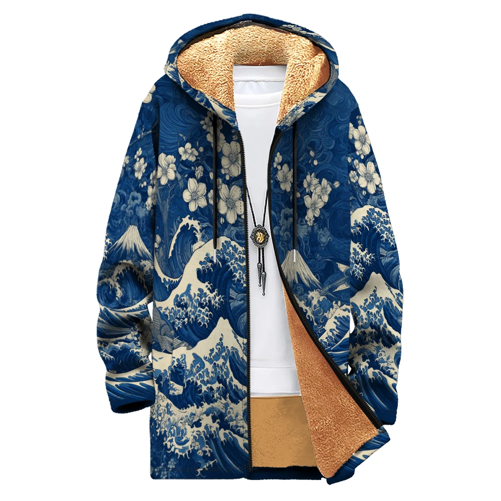 

Mount Fuji Cherry Blossoms Printed Men Cardigan Coats Fleece Plush Thick Japanese Wave Jacket Warm Outerwear Plus Size Clothing