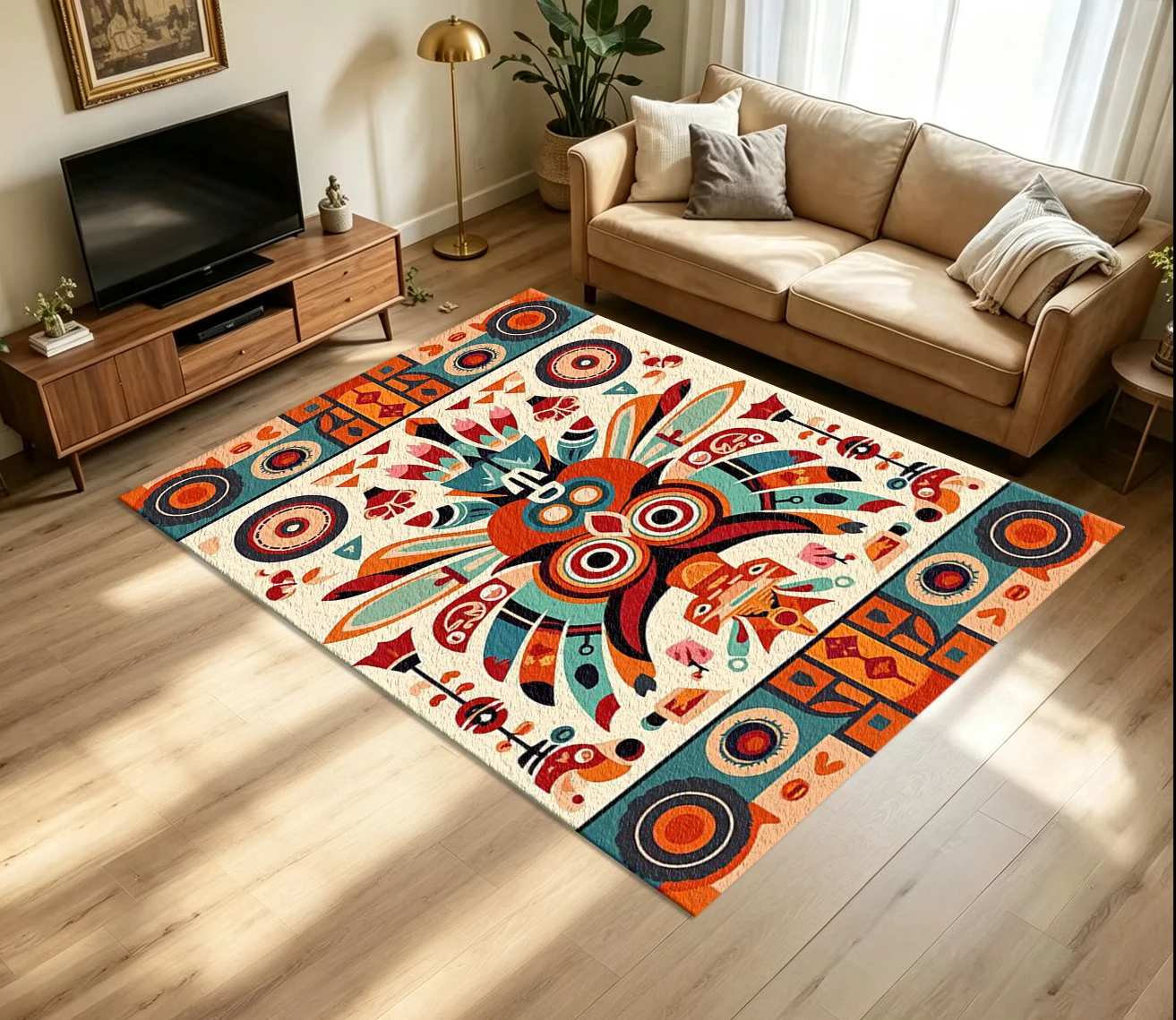 Bohemian Tribal Totem Art Carpet Flooring Ethnic Geometric Abstract Mask Pattern Printed Floor Rug for Household Indoor Home Decoration