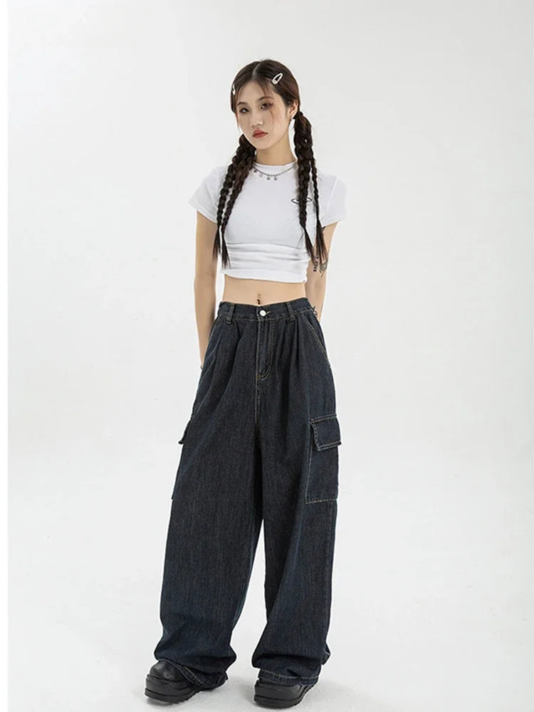 Autumn Women Harajuku Cargo Baggy Blue Jeans Streetwear Hip Hop Oversize Casual Wide Leg Vintage Demin Pants  Loose Trousers