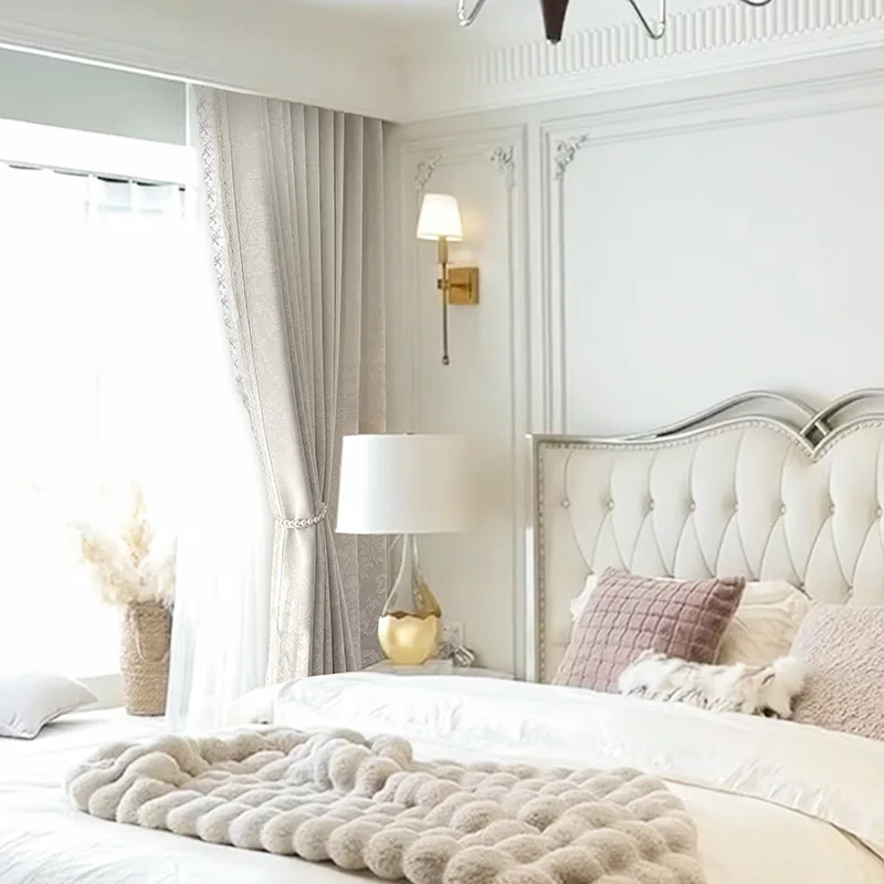 French Customized Glossy Jacquard Beige Lace Curtains for Living Room Bedroom French Window Partition Curtain Finished Curtain