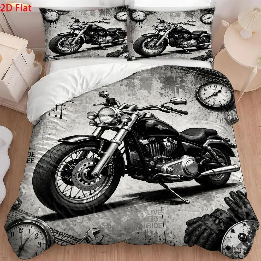 Juego de Funda Nórdica de 3 Piezas Estilo Motocicleta Retro, Juego de Cama de Tres Piezas (1 Funda Nórdica + 2 Fundas de Almohada), Ropa de Cama Moderna con Estampado Sencillo, Tejido de Poliéster Transpirable y Agradable para la Piel, Ropa de Cama con Cierre Invisible para Cama Doble, Fácil de Limpiar, Duradera, Resistente a las Arrugas, Lavable a Máquina, Juego de Decoración para Dormitorio para Todas las Estaciones, Cubrecama de Estilo Nórdico para Hogar Acogedor, Juego de Ropa de Cama Acolchada Suave y Cómoda, Cubrecama Grande para Dormitorio Principal y Habitación de Invitados