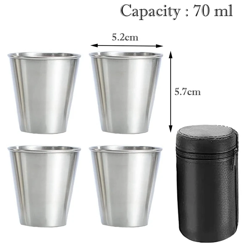 Stainless Steel Shot Cups, Set Of 4 Cups, Metal Shot Glasses, Stackable, Hip Flask Small With Leather Bag For Outdoor