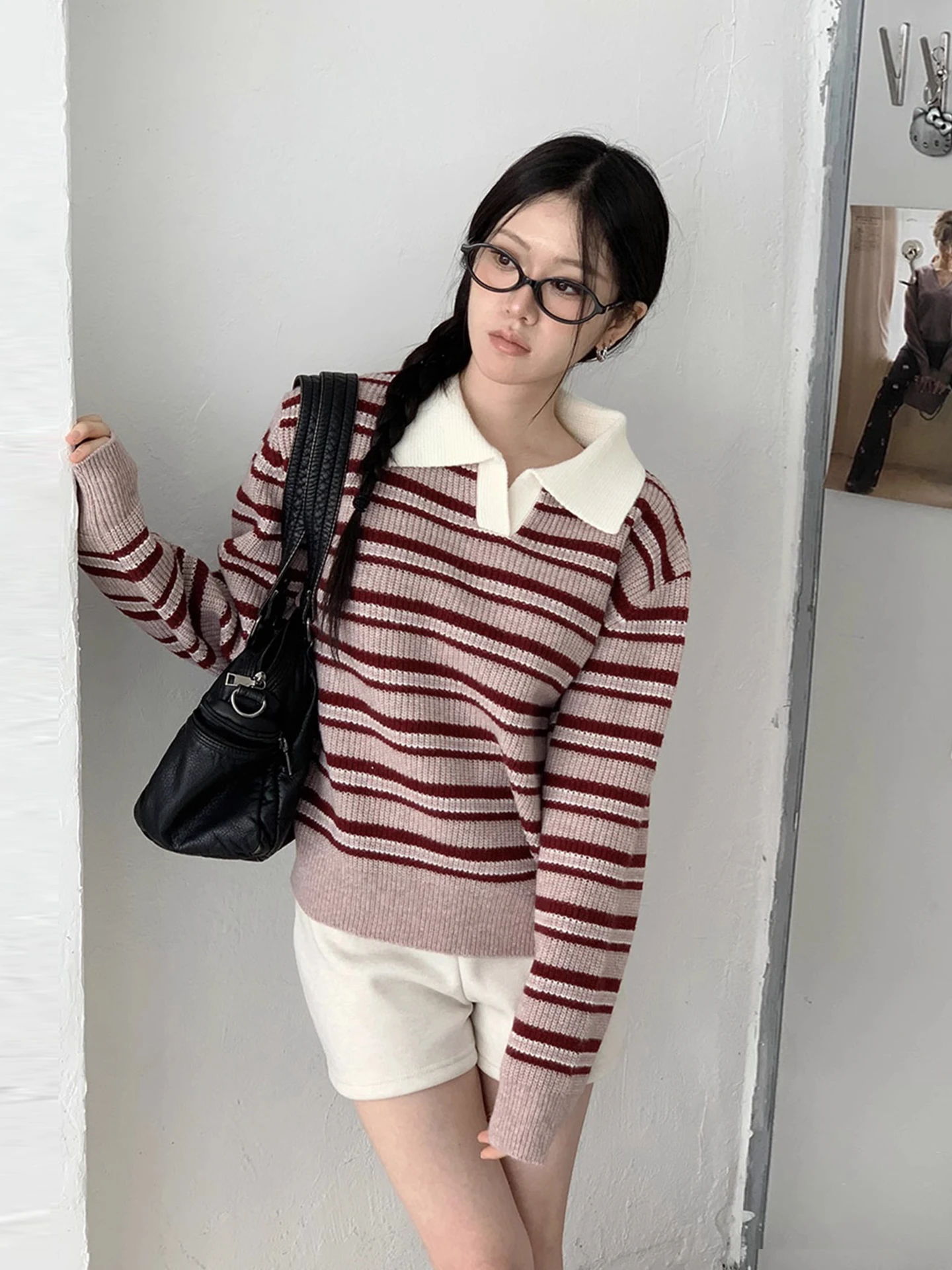 

Sweet Color Blo Collar Soft Striped Knitwear Loose Fit Base Layer Sweater Winter New Sle Commute Sle Women's Faion