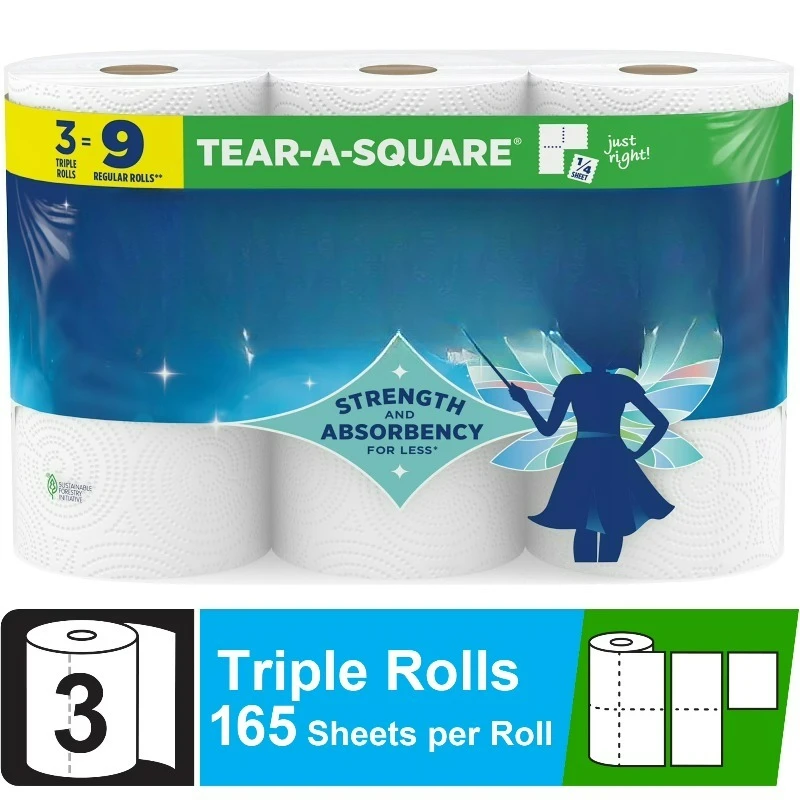 Tear-a-Square Paper Towels, 3 Triple Rolls