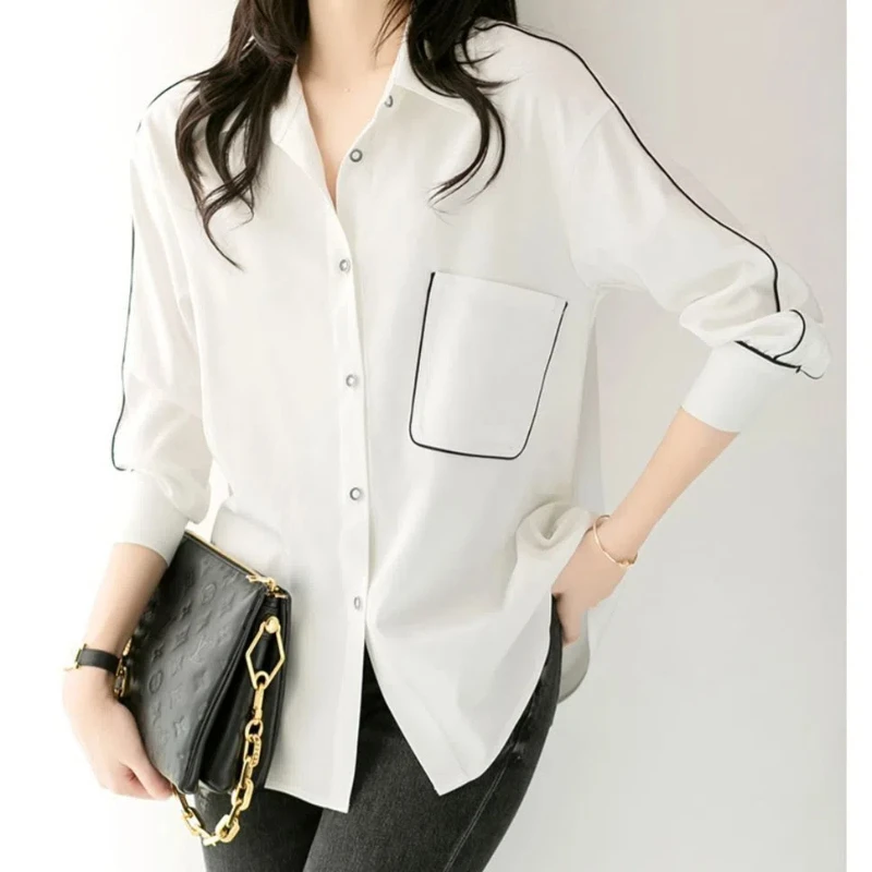 Spring Autumn Women's 2024 Splicing Polo Collar Button Pocket Fashion Solid Color Minimalist Casual Long Sleeve Blouses Shirts