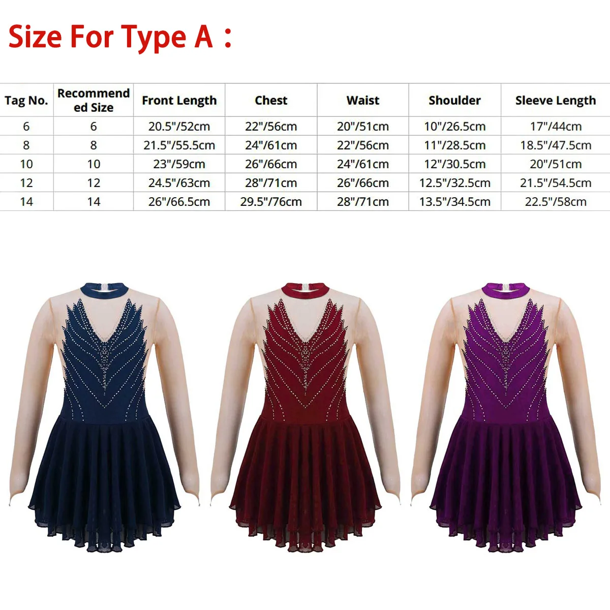 Figure Skating Dress Kids Girls Women Sparkly Tulle Ballerina Gymnastic Leotard Ballet Dress Long Sleeves Mock Neck