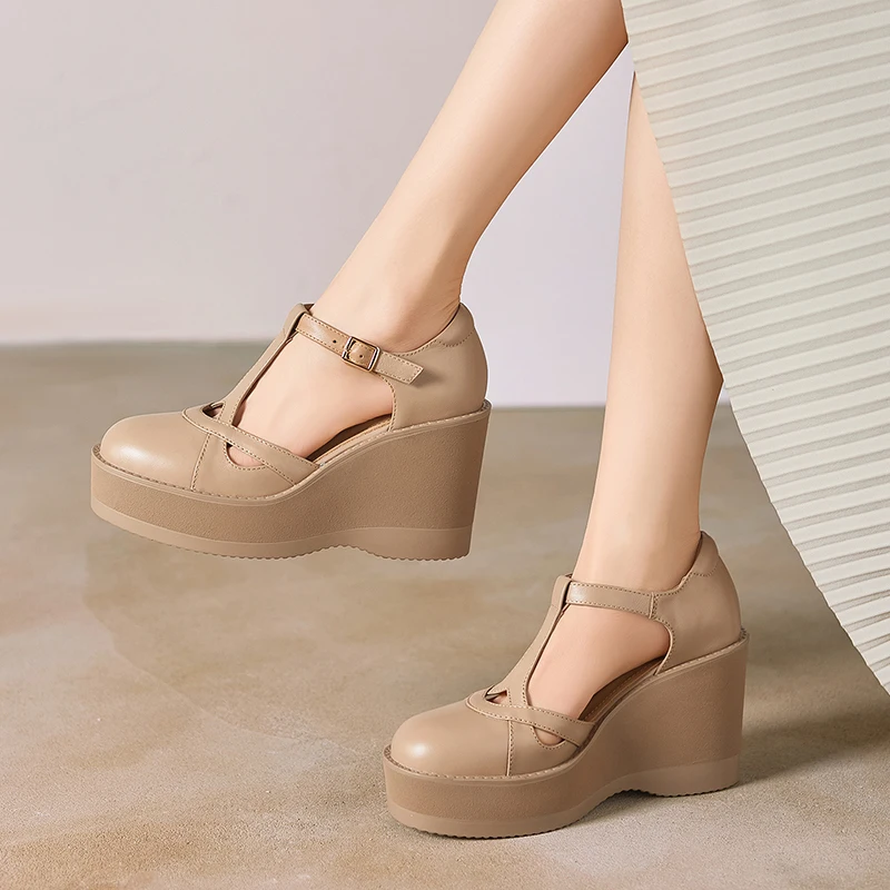 EAGSITY Cow Leather wedges platform sandals women's high heel shoes ankle strap gladiator sandals pumps block heel shoes