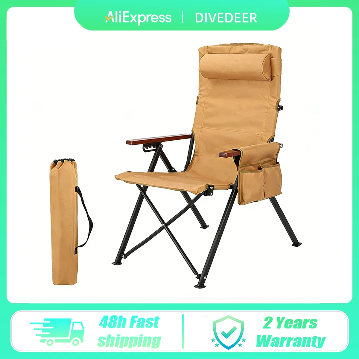 

DIVEDEER Outdoor Camping High-Back Seal Chair Convenient Storage, 5-Position Adjustable Reclining Backrest Picnic Chair