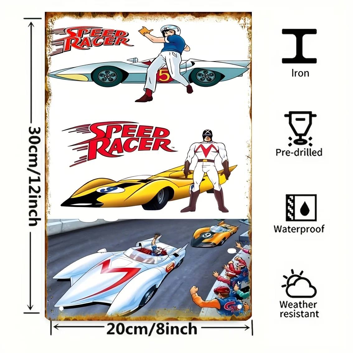 Speed Racer Mach 5 Metallschild – Hochleistungs-Eisen-Retro-Anime-Wandkunst-Poster, Vintage-Renndekoration mit Speed Racer und Mach 5 Desi