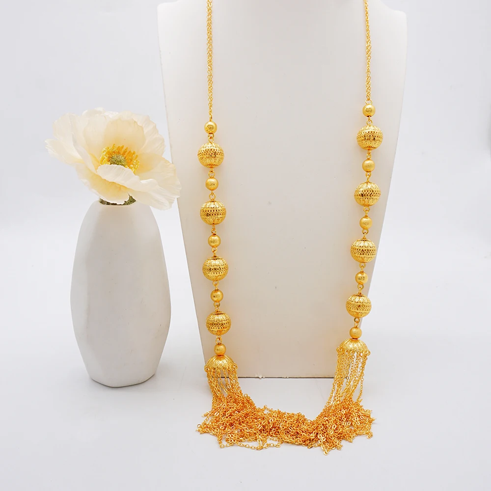 Dubai Gold Color Jewelry Set Vintage Round Charm Necklace  Earring For Wedding Women Tassel Jewelry Sets Gift