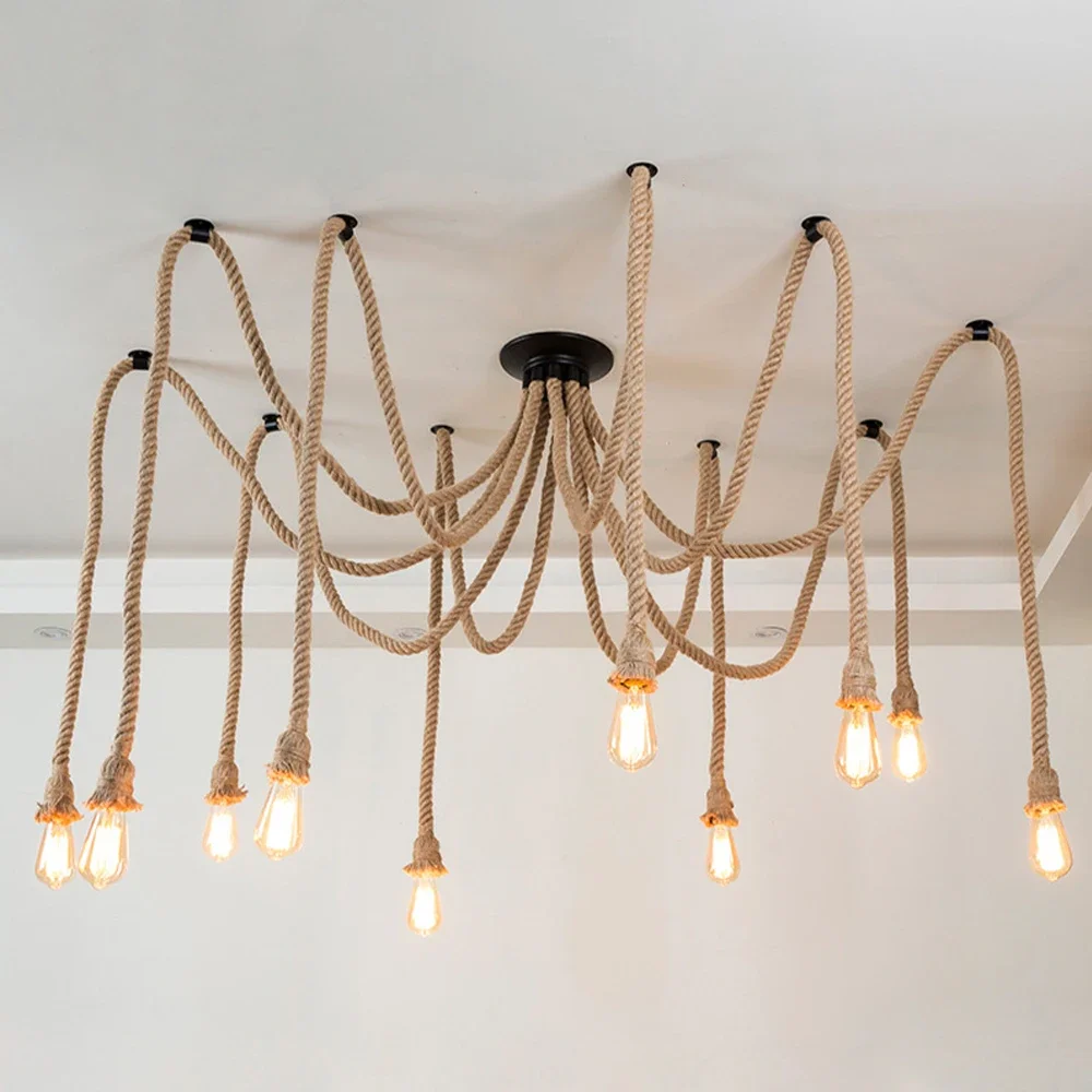 Vintage Chandelier 1/3/5/8/10/12 Heads  DIY Hemp Rope Spider Pendant Light Retro Industrial Ceiling Hanging Lamp Modern Lighting