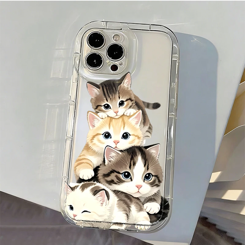 Transparent Cartoon Cats Pattern Phone Case For iPhone 15 16 17 Pro Max 16E 14 13 11 12 Mini 7 8 Plus SE2 XS XR Shockproof Cover view 6