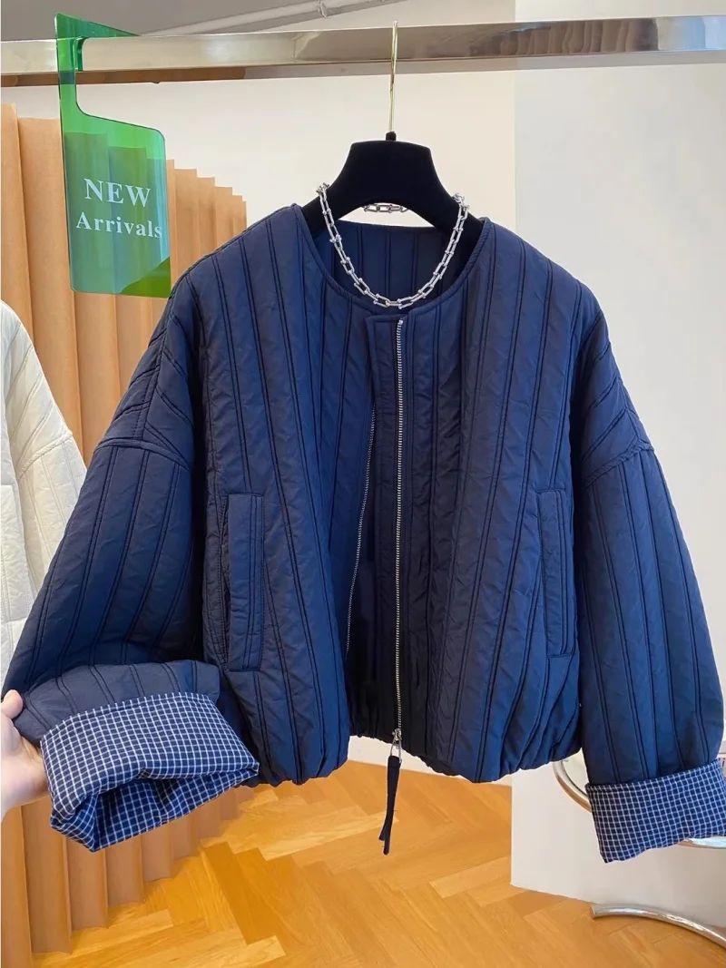 

Premium Quilted Collarless Autumn Jacket Women 2025 New Loose Casual Plaid Splicing Coat Zipper Top w854 ﻿