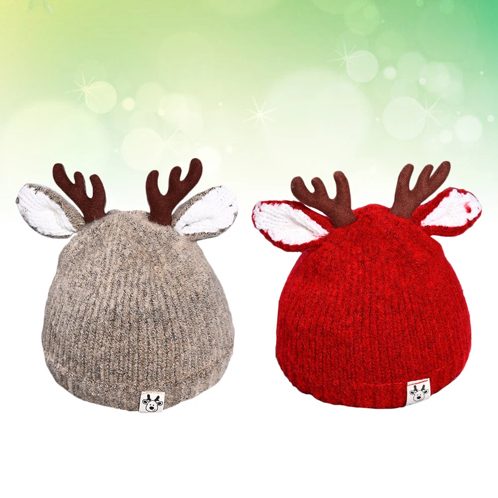 

2pcs 0-3 Years Baby Warm Knitted Woolen Caps Windproof Thermal Kids Hats For Winter Christmas Party (Khaki Red)