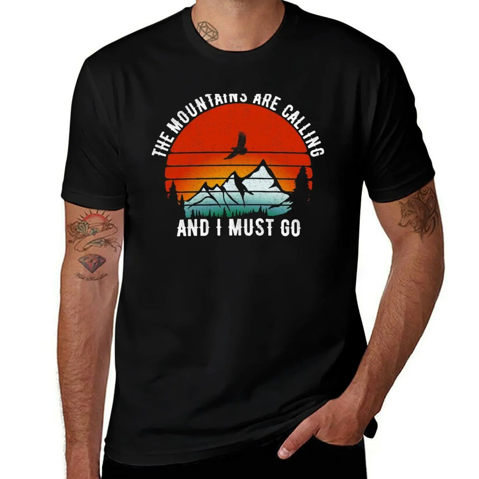 

The Mountains are Calling and I must Go Funny Wild Nature Hiking Lover Gift Vintage Sunrise Flying Eagle Camping Humor T-Shirt