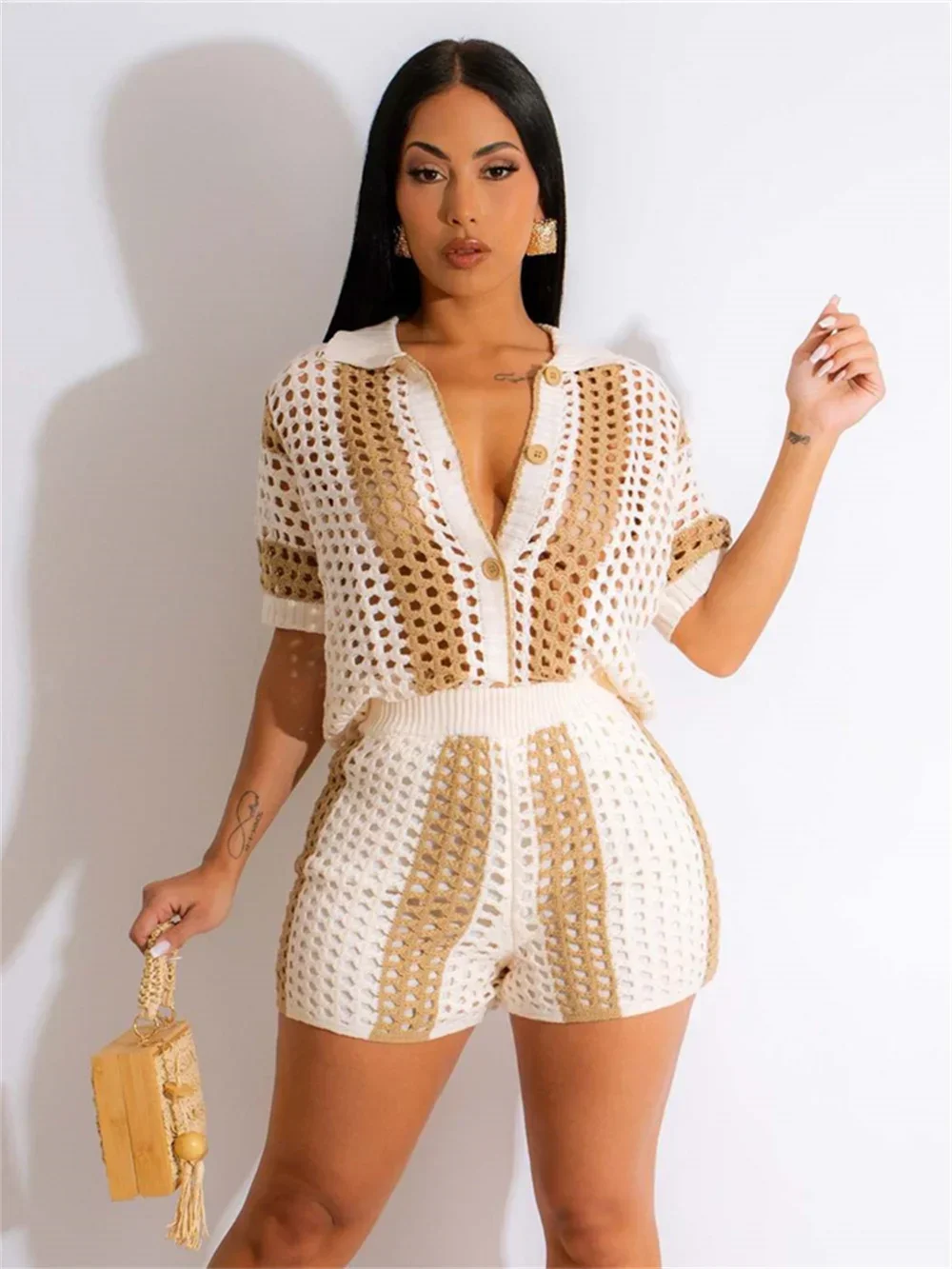 

Leosoxs Crochet Hollow Two Piece Set Women Tracksuit Shorts Sleeve Bottom Cardigan Tops+Shorts Matching Streetwear Outfits