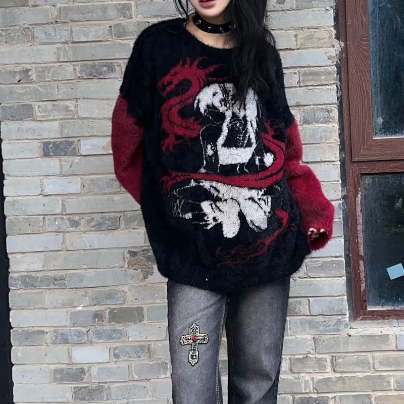 

Deeptown Y2k Gothic Harajuku Women Sweaters Vintage Long Sleeve Chinese Fashion Knit Pullovers Contrast Color Loose Warm Winter