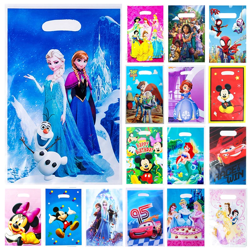 6/10pcs Disney Cartoon Theme Favors Gift Bags Frozen Princess Mickey Minnie Loot Bag Kid Birthday Party Candy Cookie Packing Bag