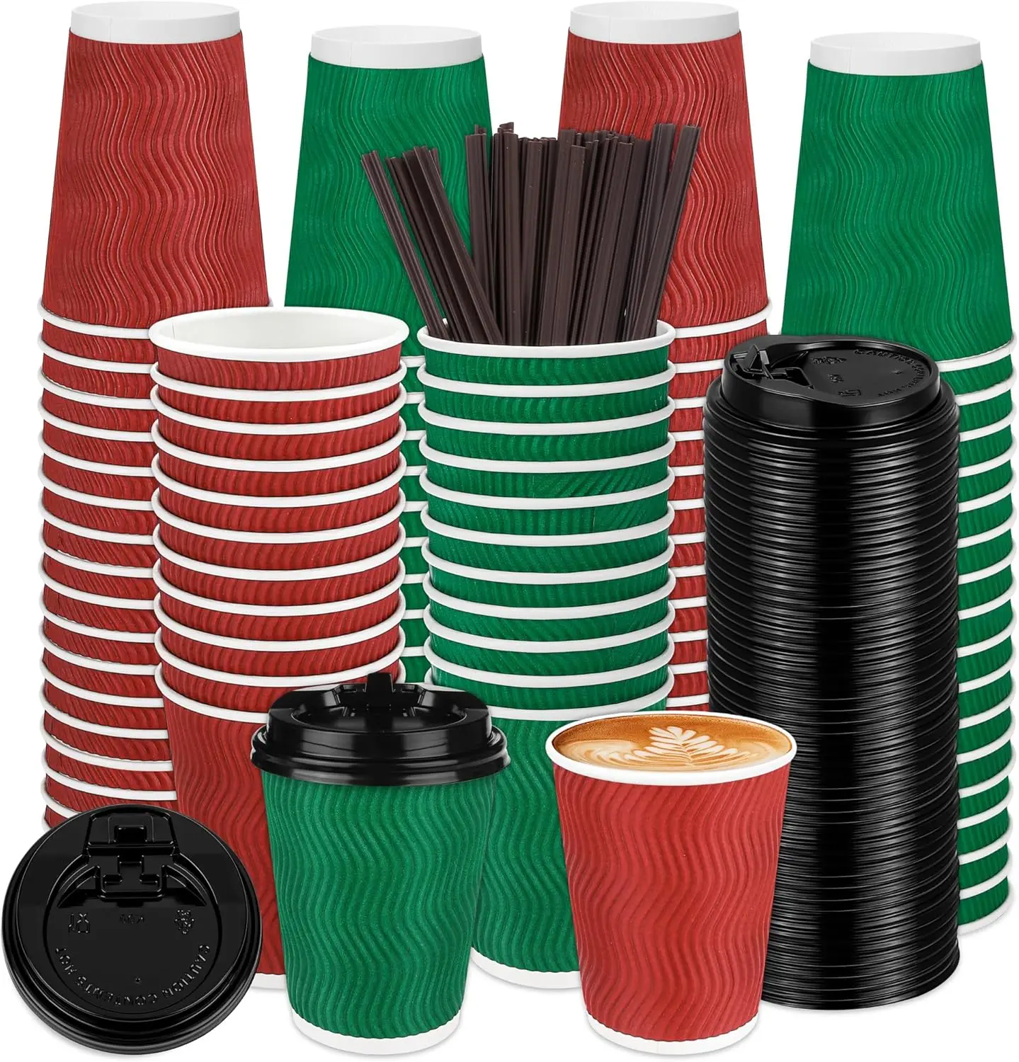 

100 Pack 12 Oz Christmas Paper Coffee Cups with Black Lids Disposable Insulated Corrugated Ripple Wall Cup for Hot or Co