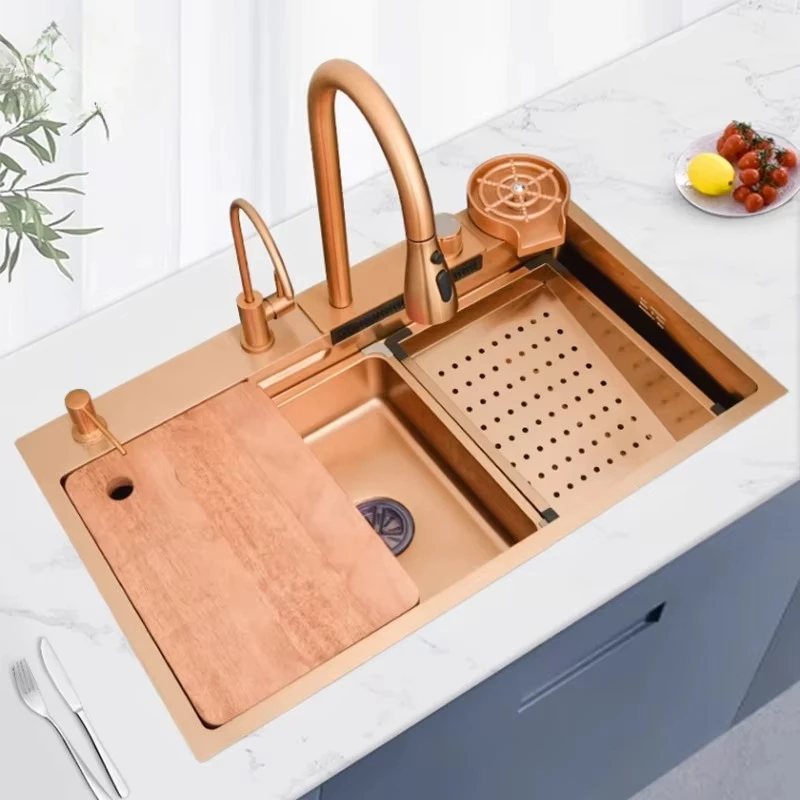 حار بيع الذهب الوردي حوض المطبخ الذكي 304 الفولاذ المقاوم للصدأ شلال صنبور المطبخ اليدوية #2