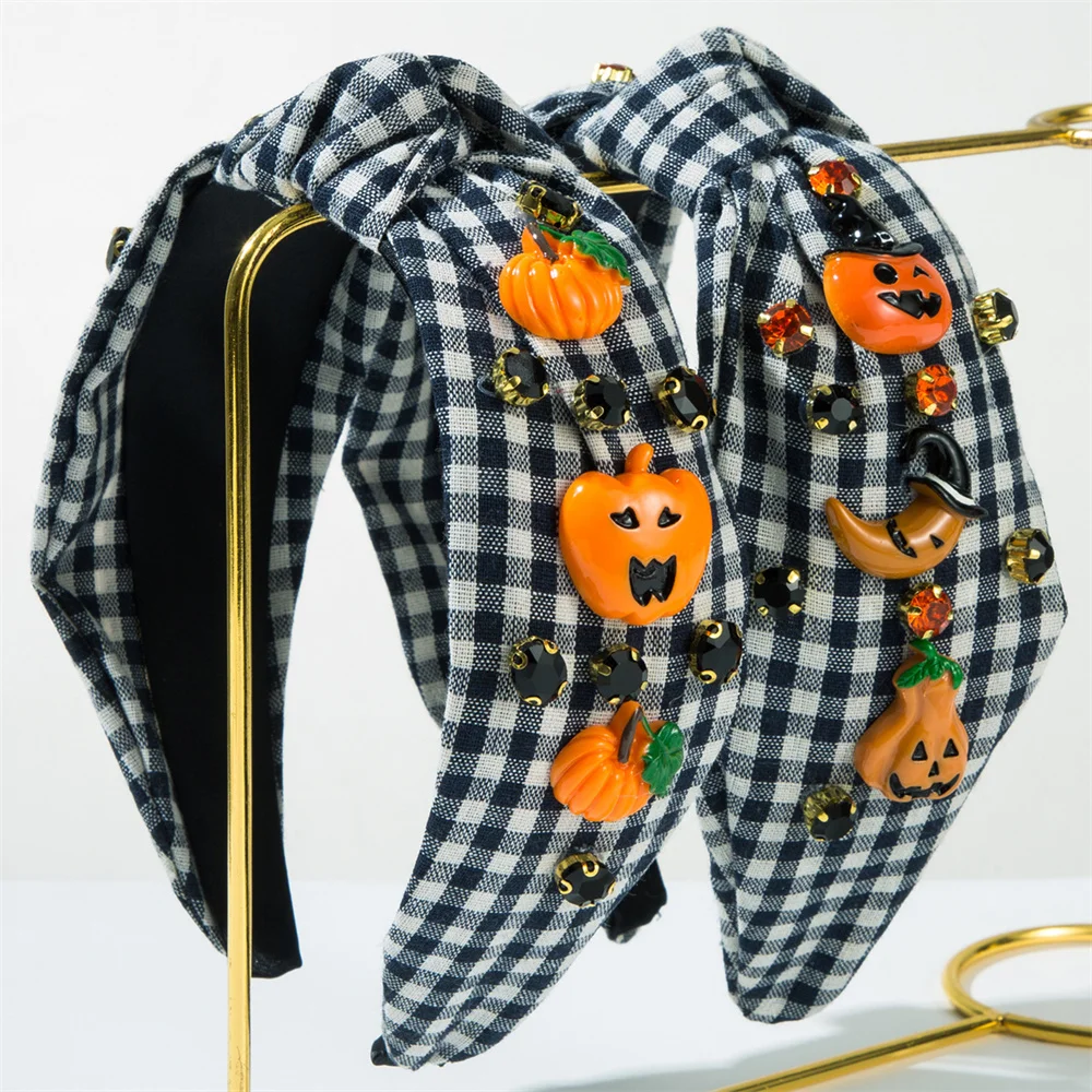 

Plaid Headbands For Women Girls Black And White Buffalo Plaid Hairband Knotted Bow Dotted With Orange Pumpkin