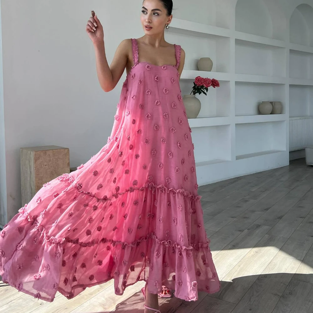 Abito lungo fiore rosa donna elegante casual abiti lunghi larghi da vacanza abito da festa bohemien senza maniche solido estivo moda 2024