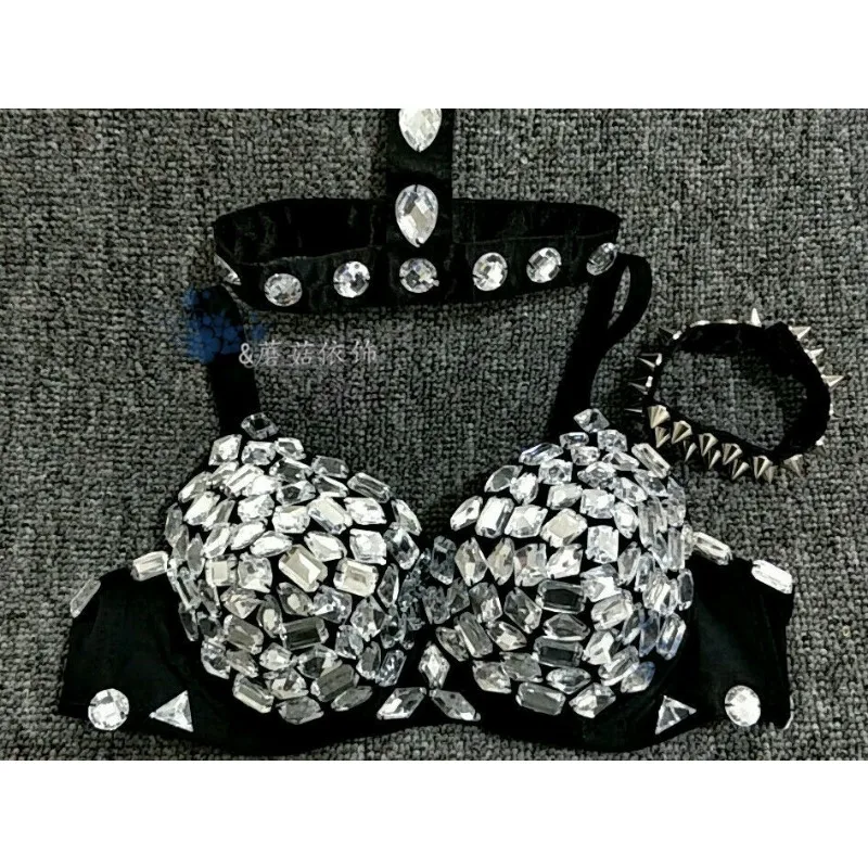 ‌Glam Rhinestone Sequin Club Bra Women Pole Dance Costume Sparkling Fringe Stage Outfit Night Out Glitter Party Wear Body