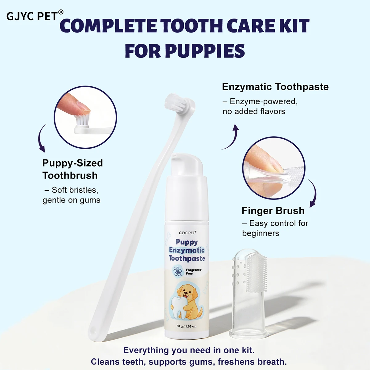 Puppy Enzymatic Toothpaste Gel 30g Dental Care Kit Plaque Tartar Control Fresh Breath Fragrance Free with Toothbrush FingerBrush