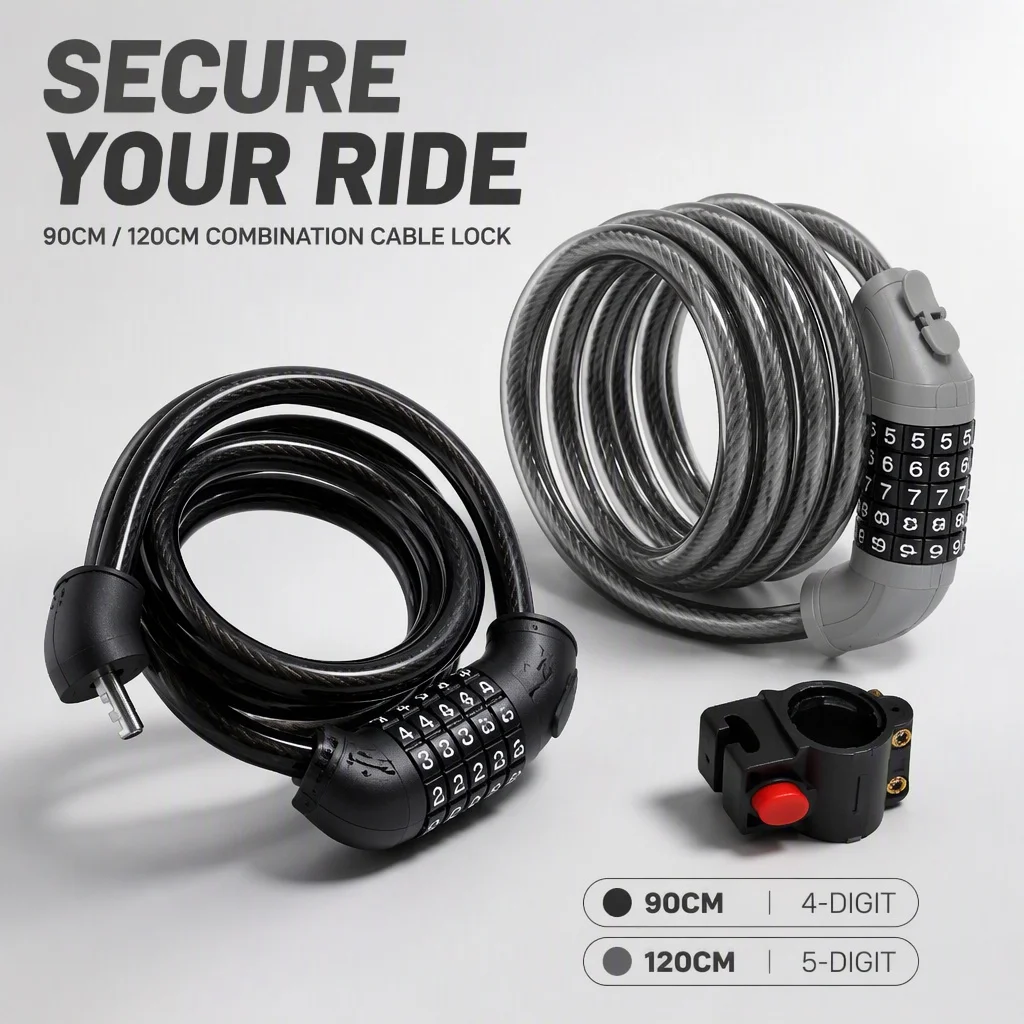 Bike Cable Lock 4/5 Digit Combination Password Bicycle Security Steel Wire Lock Anti-Theft Cycling Lock with Mount Bracket