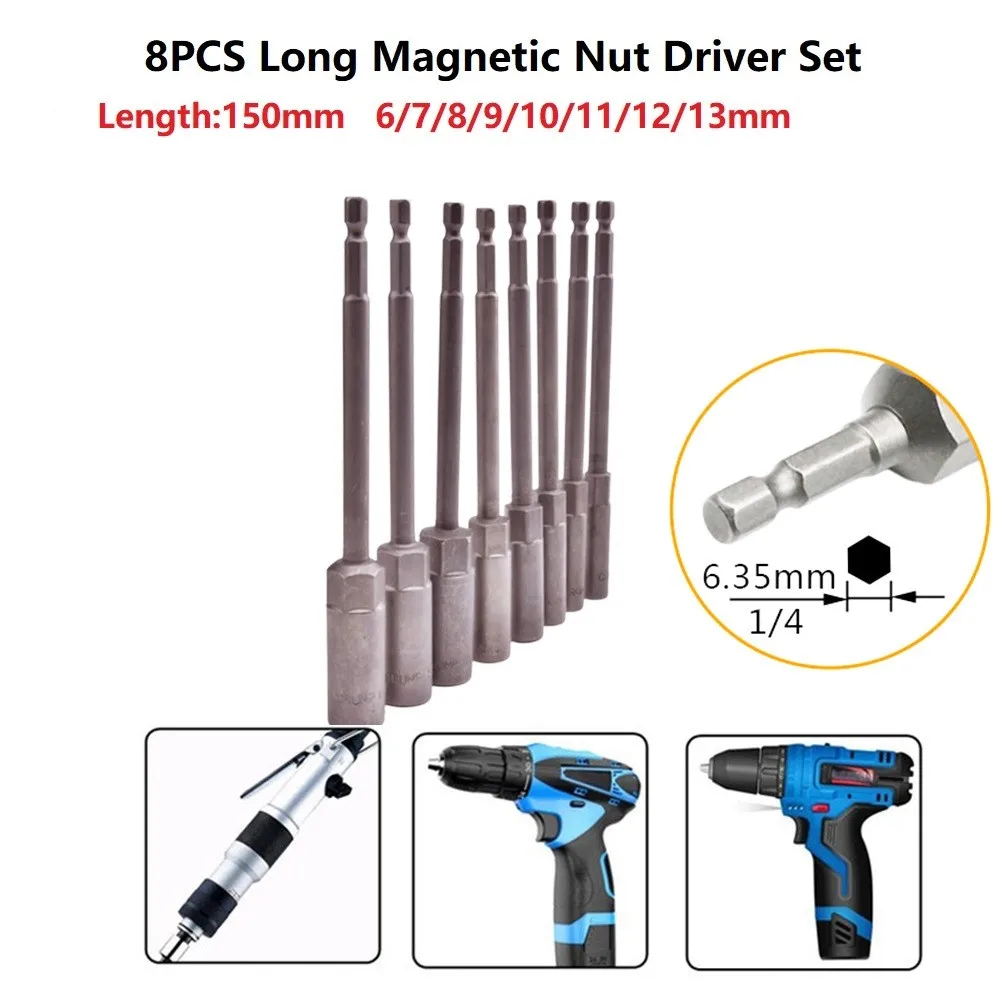 

8Pcs 150mm Extension Drill Bar Wrench Socket Adapter Magnetic Nut Driver Power Tool Socket 6-13MM High Quality