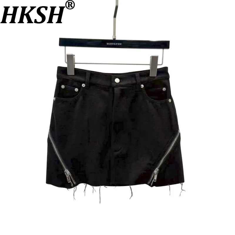 HKSH Autumn Winter New Women Mini Skirt Niche Design Diagonal Zipper Pockets Wool Streetwear Dark Chic Sexy Short Skirts HK12480