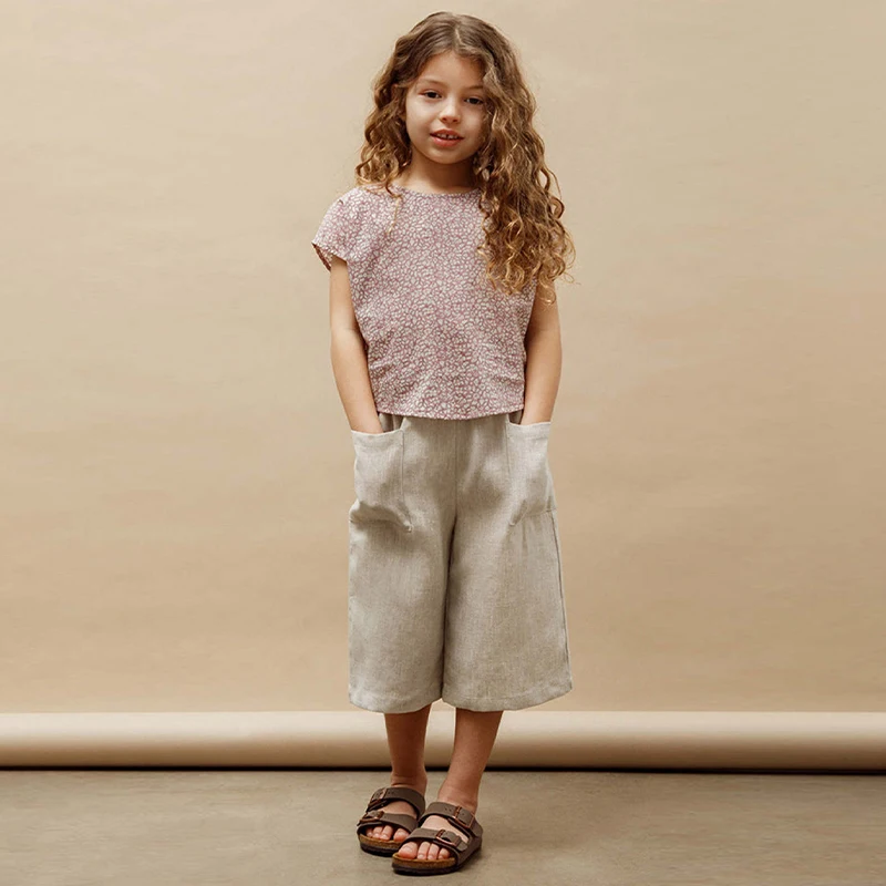 Retro Girls Cotton And Linen Ankle-Length Pants Spring Autumn New Casual Elastic Waist Straight Linen Pant With Pockets TZ157